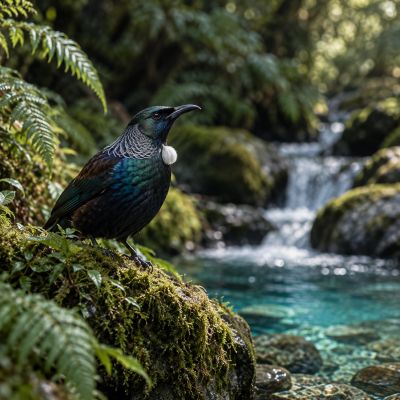 A Tui bird perched on mossy rock by clear stream.