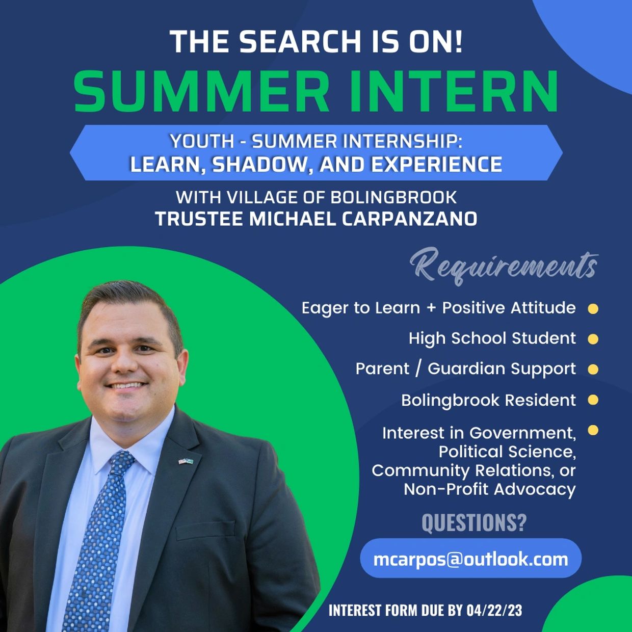 Summer Intern with Village of Bolingbrook Trustee Michael Carpanzano