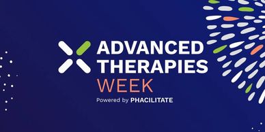 Advanced Therapies Week logo on blue background.