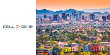 City skyline at sunset with CELL GENE logo.