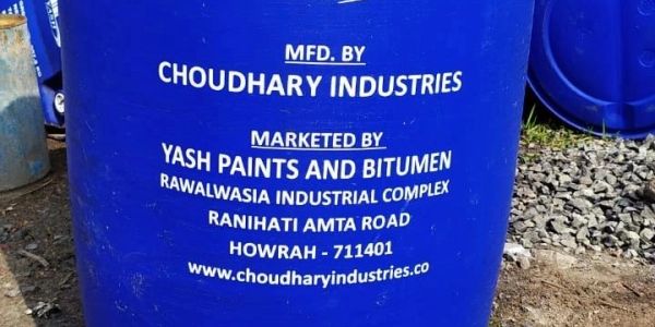 Blue industrial barrel labeled with Choudhary Industries and Yash Paints and Bitumen details.