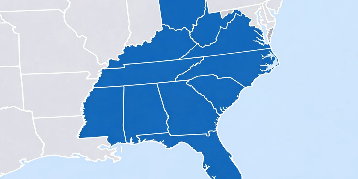 Map highlighting southeastern U.S. states in blue.
