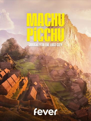 Machu Picchu al amanecer con texto promocional.