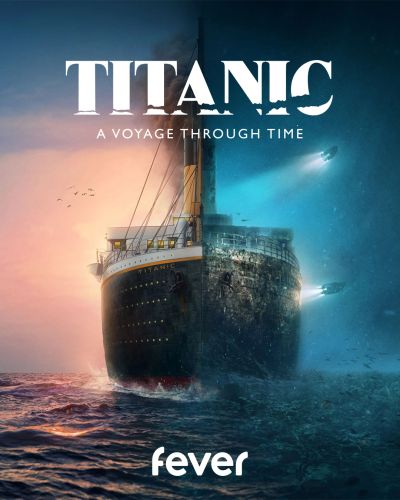 Cartel del Titanic mostrando el barco en superficie y bajo el agua.