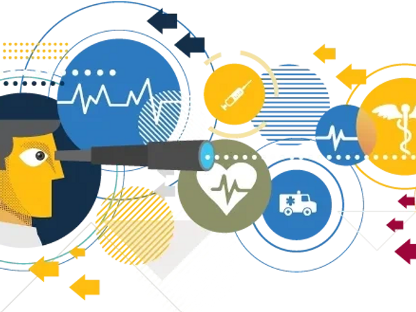 Varying medical symbols in bubbles and varying colors with largest being a male doc & EKG