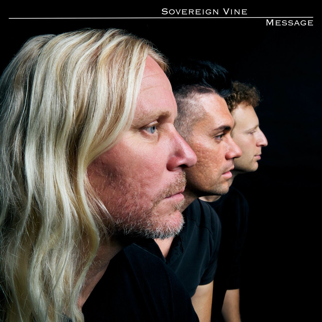 Three men in profile on a black background.