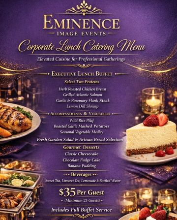 Corporate lunch catering menu with elegant dishes and desserts.