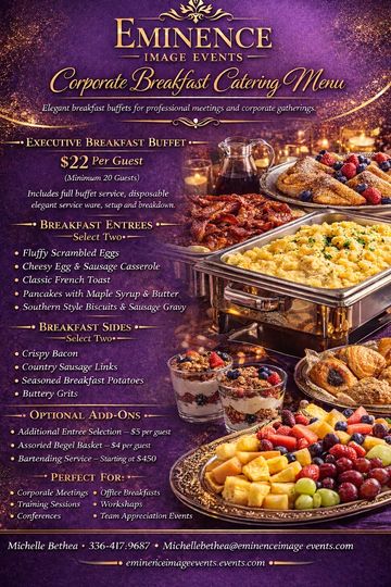 Elegant corporate breakfast catering menu with a variety of breakfast entrees, sides, and optional add-ons.