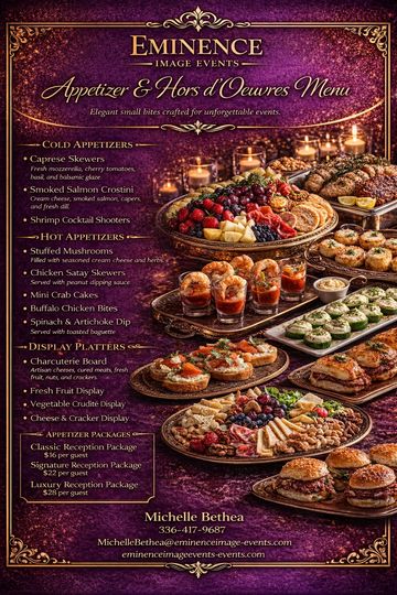 Elegant appetizer and hors d'oeuvres menu with cold and hot options, display platters, and reception packages.