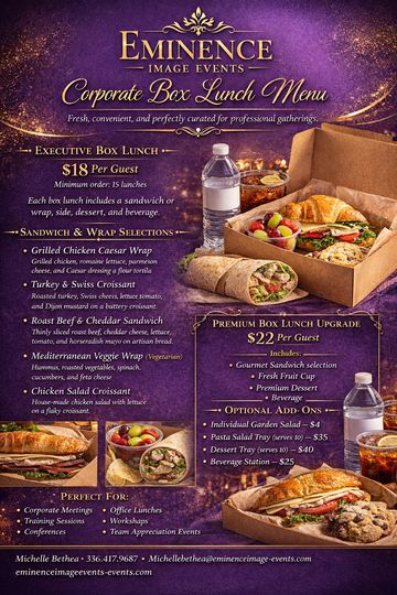 Corporate box lunch menu with sandwiches, wraps, sides, and premium upgrades.