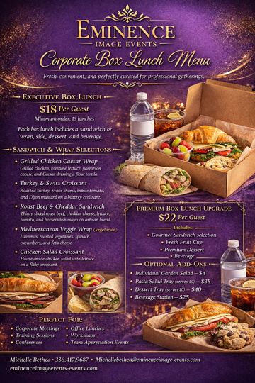 Corporate box lunch menu with sandwiches, wraps, sides, and premium upgrades.