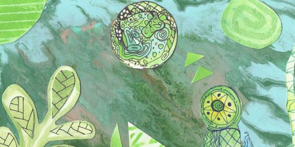 Abstract green shapes and patterns on a textured background.