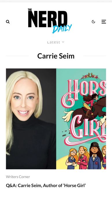 Split screen: Blonde girl author Carrie Seim with Horse Girl book cover.