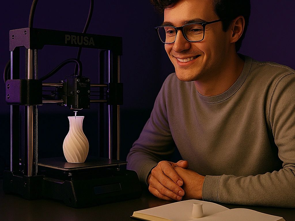 A man watches a 3D printer create a vase with a smile.