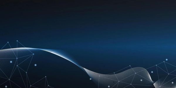 Abstract blue background with digital wave lines and connected dots.