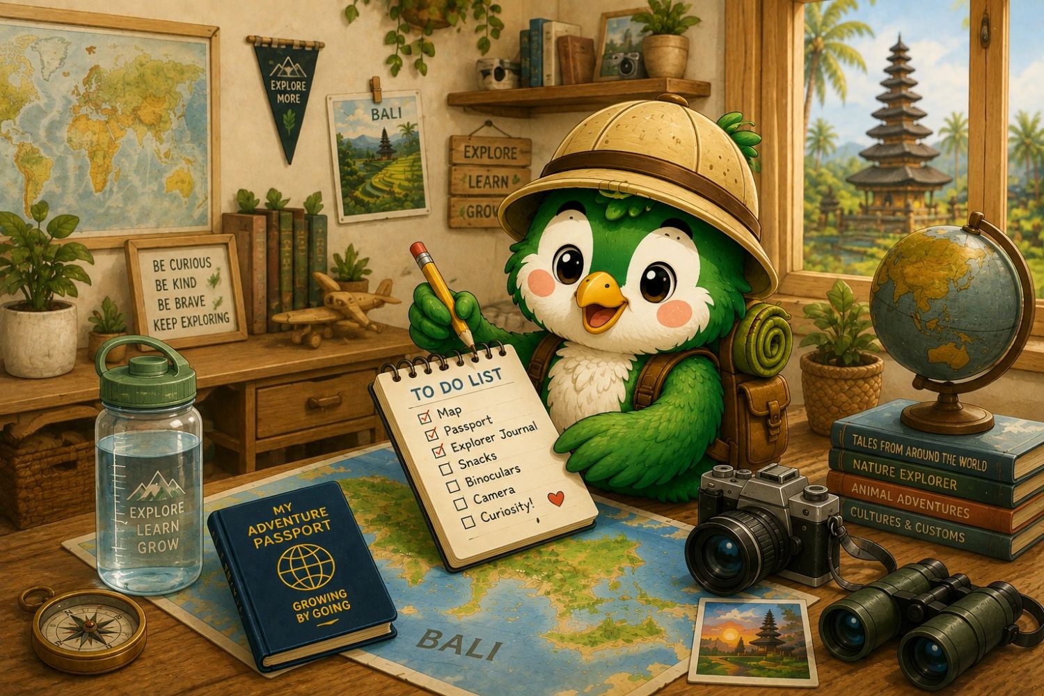 Cute green bird planning a Bali adventure with travel gear and checklist.