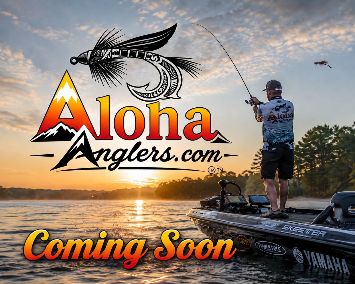 Angler fishing on a boat at sunset with Aloha Anglers logo and 'Coming Soon' text.