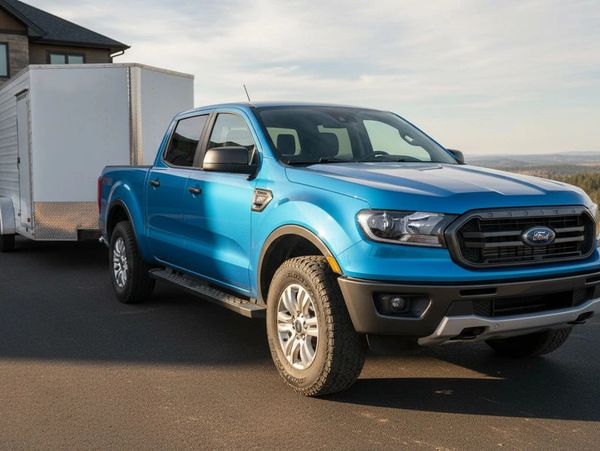 Blue Ford pickup truck towing a white trailer on a driveway.