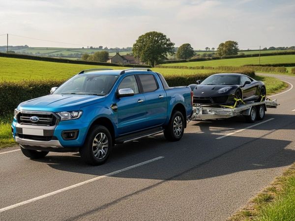 Blue pickup truck towing a black sports car on a trailer along a countryside road.
