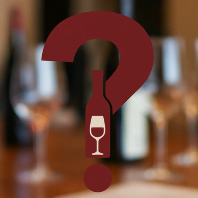 Question mark with a wine bottle and wine glass inside it as part of the question mark. A bottle of 