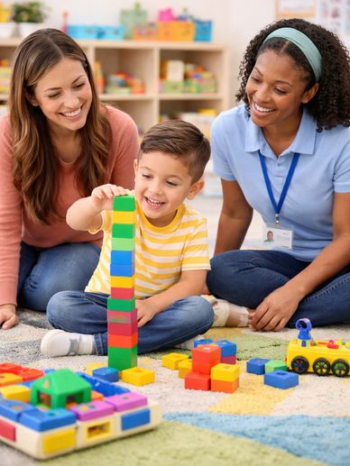 A boy stacking colorful blocks while two women watch and smile.