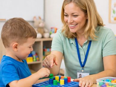 A teacher and young boy playing a colorful board game together.