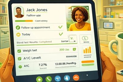 Tablet showing patient Jack Jones' follow-up health stats and test results.