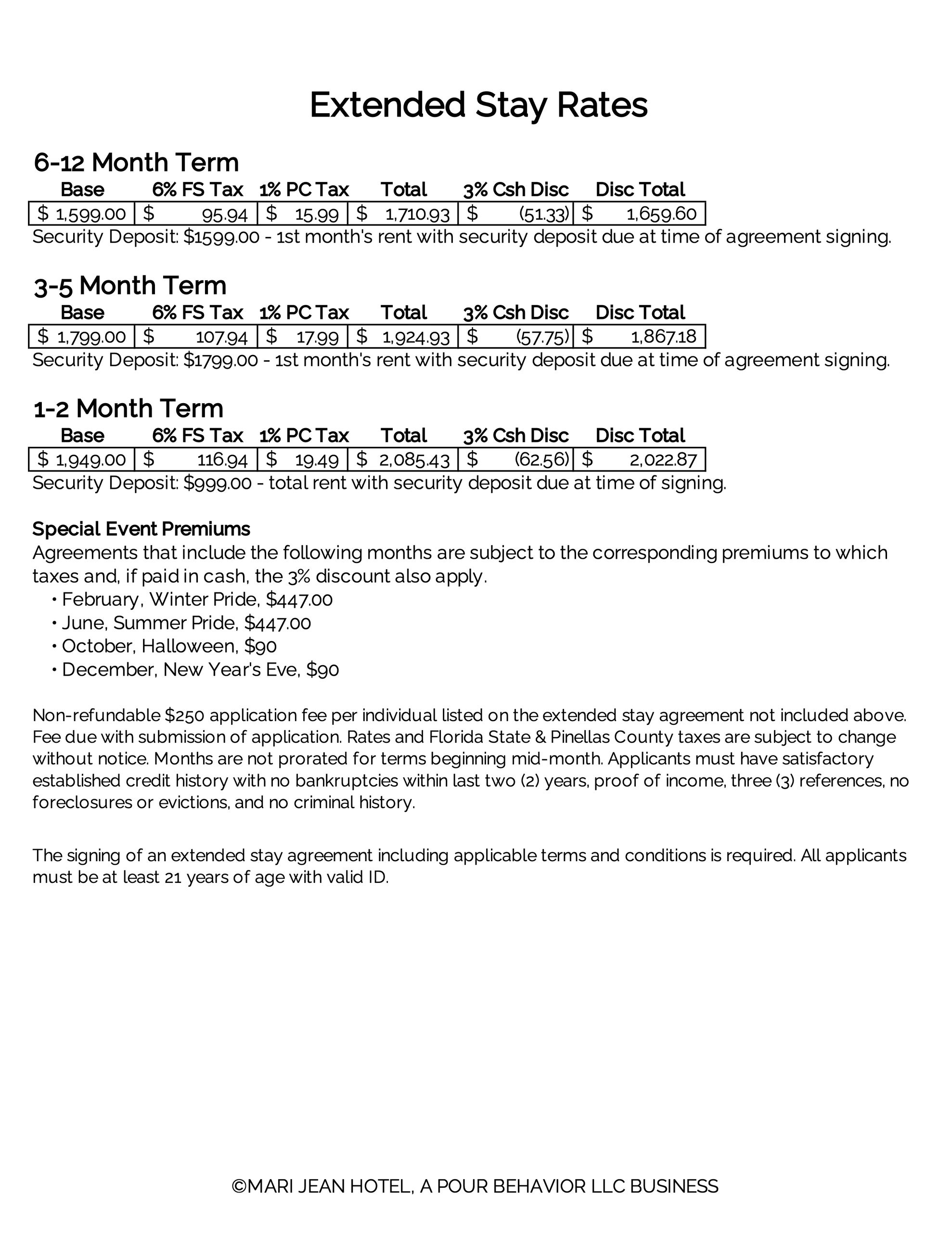 Extended stay hotel rates with tax, discounts, deposits, and special event premiums.
