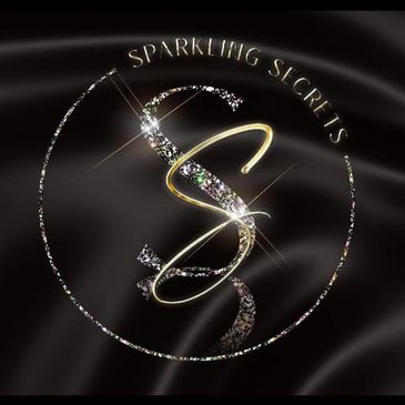 Elegant Sparkling Secrets logo with glittering S on a silky black background.