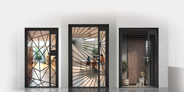 Three modern black metal doors with different geometric grill designs.