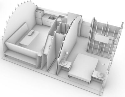 3D floor plan of a small apartment with living room, kitchen, bathroom, and bedroom.