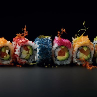 Colorful sushi rolls with vibrant toppings on a black background.