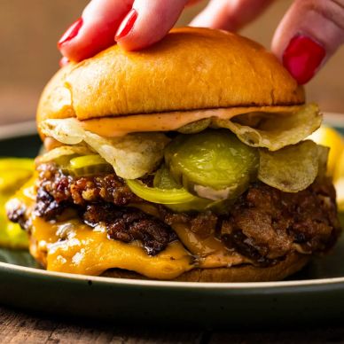 Hand holding a cheeseburger with pickles and chips inside.