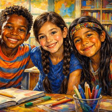 niños de diferentes culturas estudiando