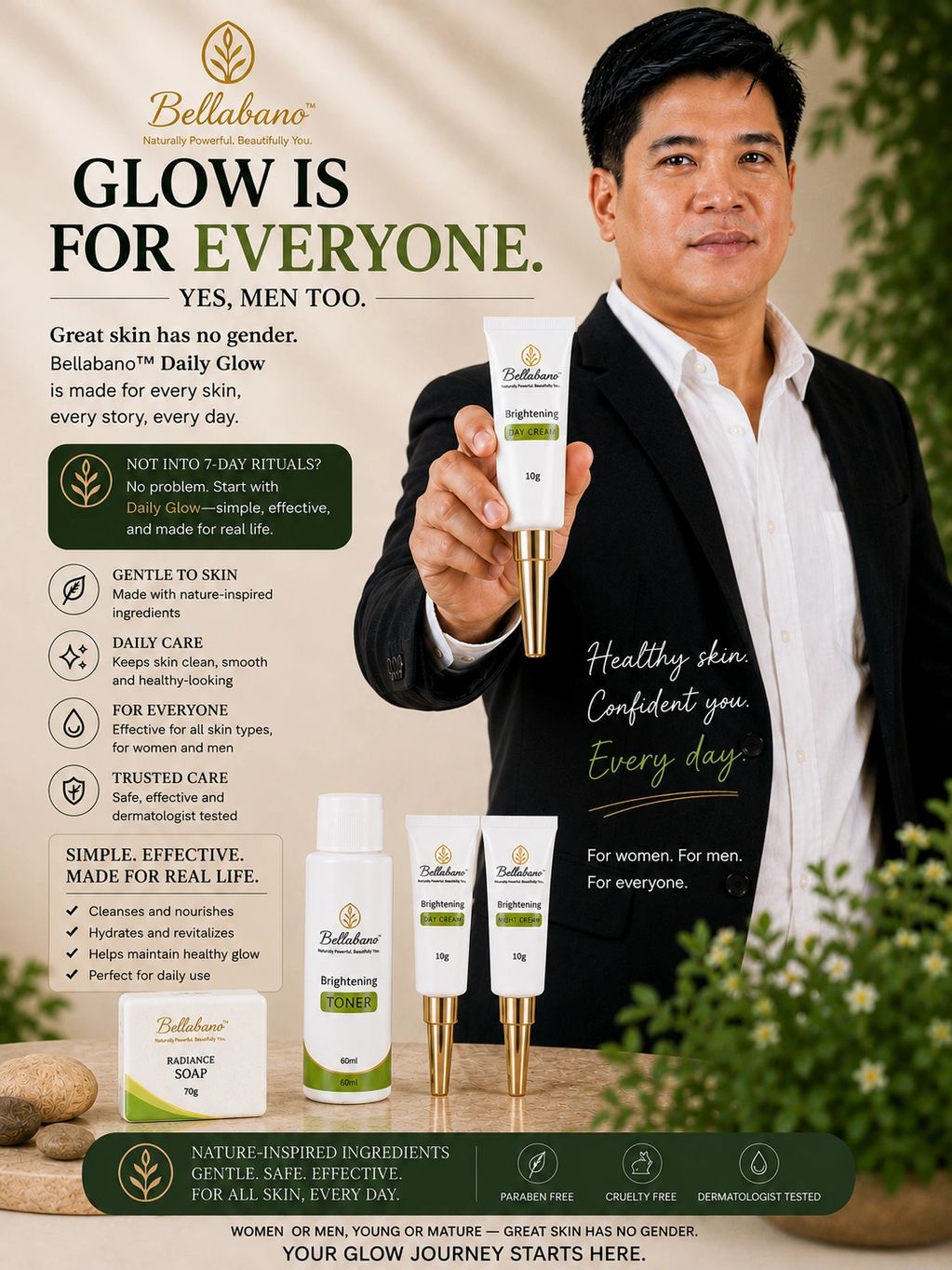 Daily Glow offers gentle daily care made to keep skin clean & refreshed .  Great skin has no gender.