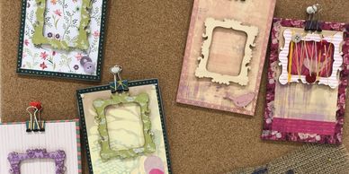 Mini wooden photo frames decorated with patterned paper, washi tape and tiny frame borders. 