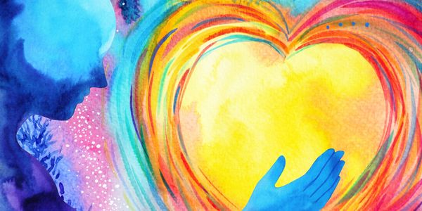 A blue figure reaching out to a glowing heart surrounded by vibrant colors.