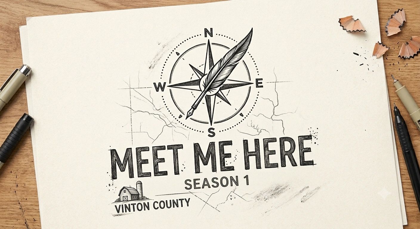 Paper with a compass, feather pen, and text 'Meet Me Here Season 1 Vinton County.'
