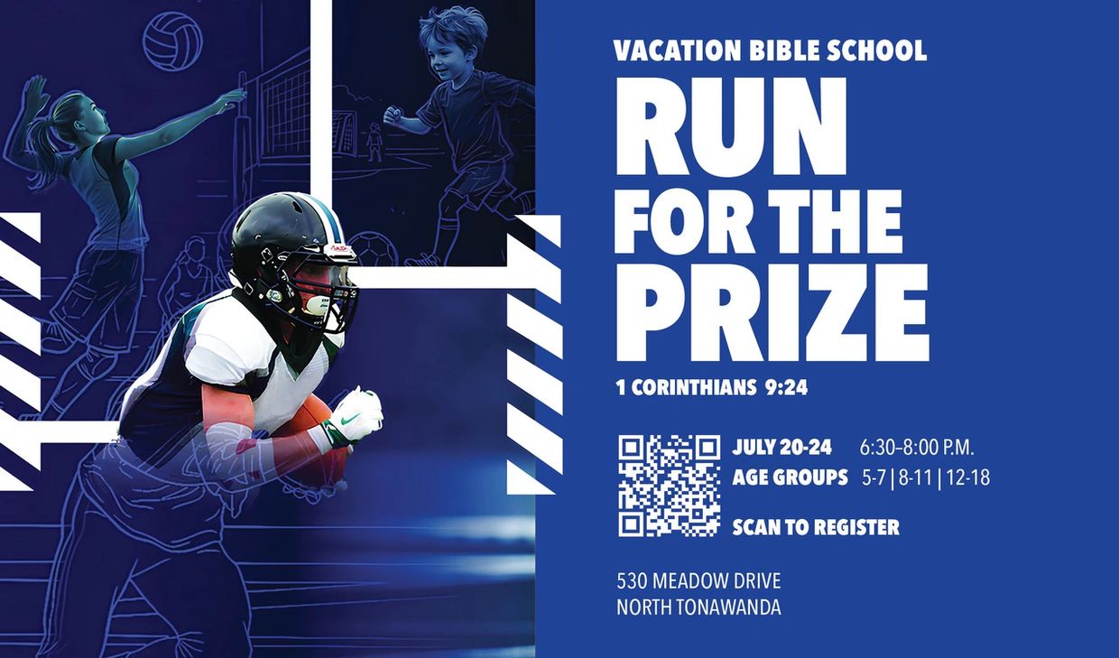 Vacation Bible School event themed 'Run for the Prize' with sports and registration details.