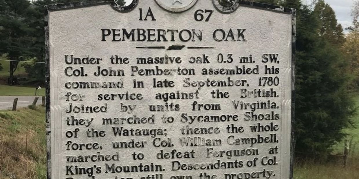 Historic marker detailing Col. John Pemberton's 1780 military assembly under a massive oak.