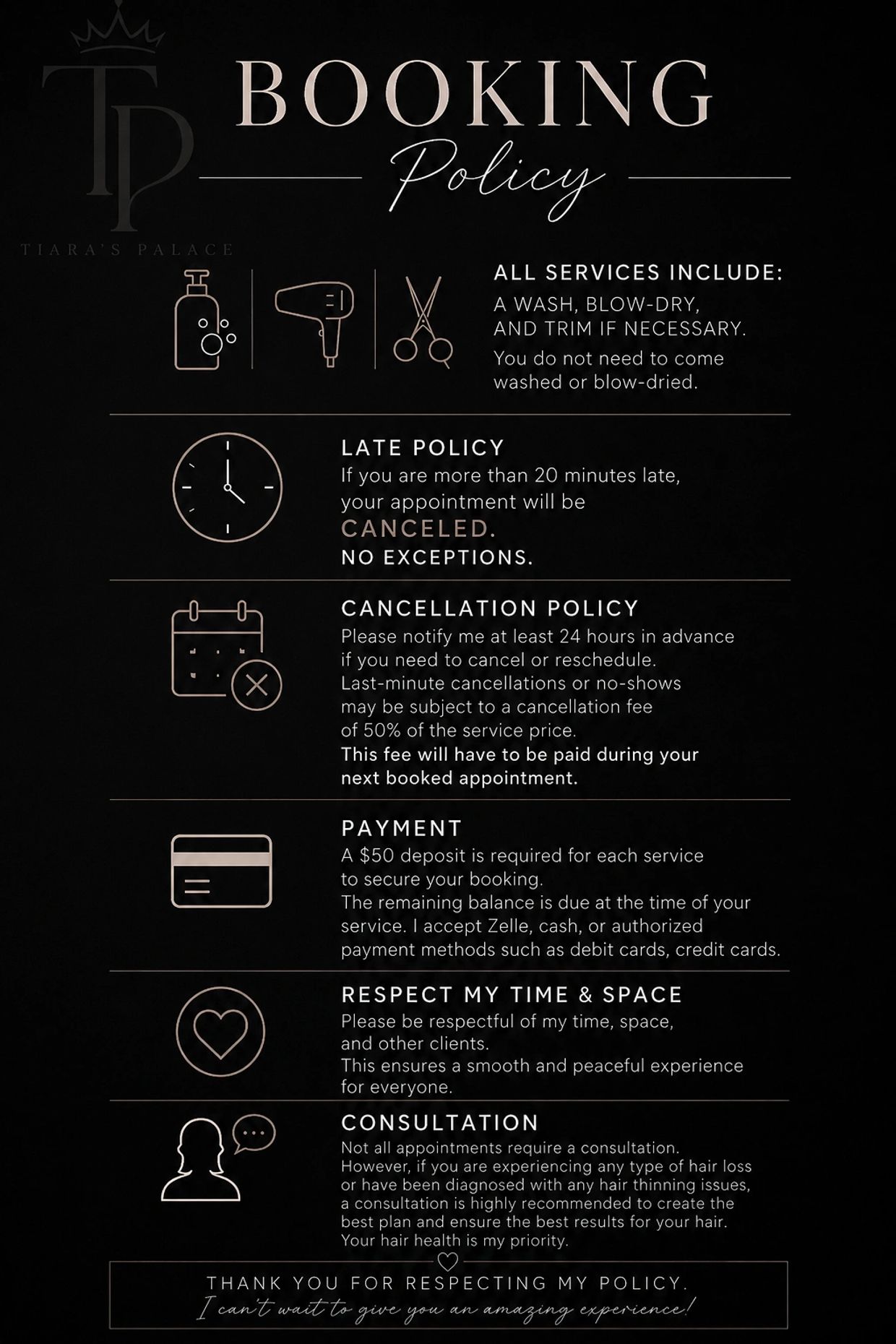 Booking policy with services, late policy, cancellation, payment, respect, and consultation details.