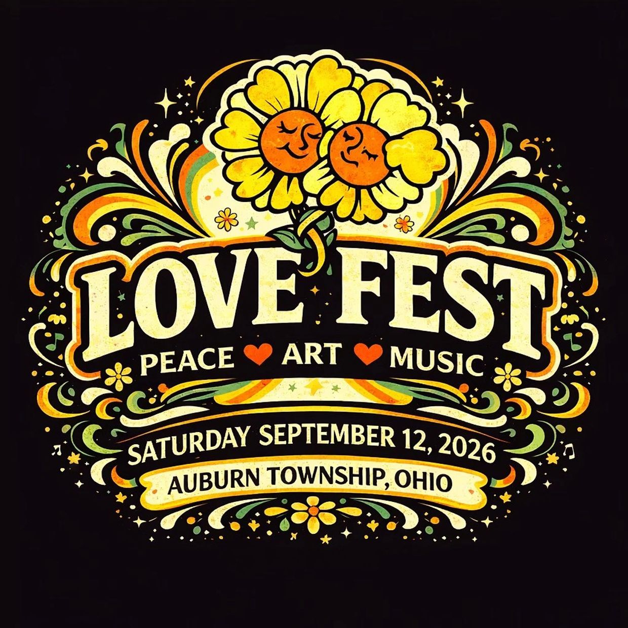 Colorful Love Fest poster with flowers and event details for Auburn Township, Ohio.