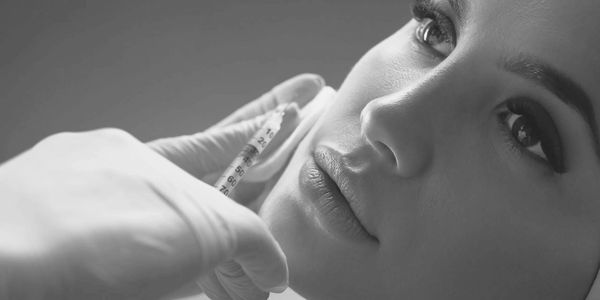 Close-up of a woman receiving a cosmetic injection in her face.