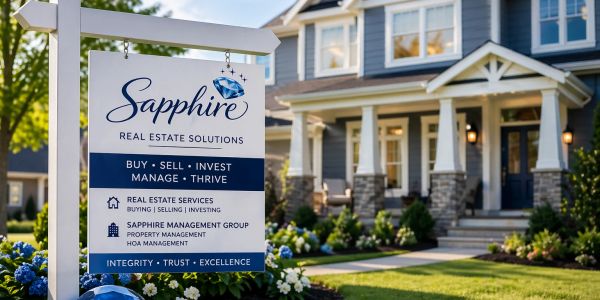 Real estate sign for Sapphire Real Estate Solutions in front of a house.