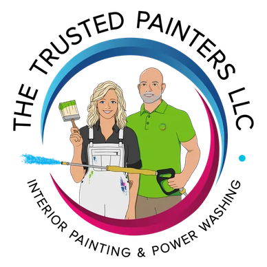 Couple holding painting and cleaning tools inside a colorful circular swoosh.