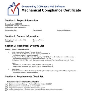 Mechanical Compliance Certificate
COMcheck REScheck energy code compliance certificate