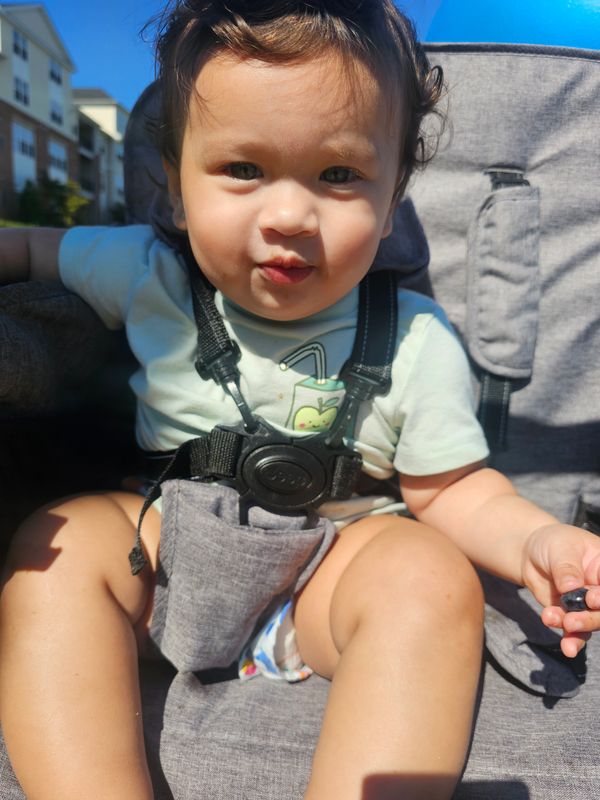 A baby sitting in a stroller on a sunny day, holding a small object.