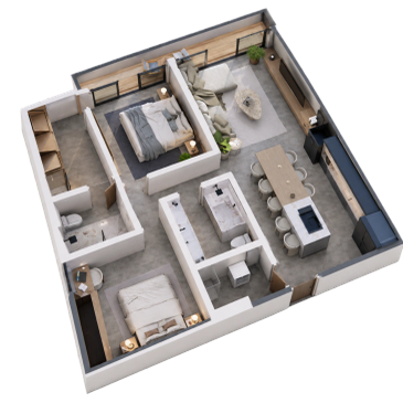 Plano 3D de apartamento con dos habitaciones y cocina abierta.