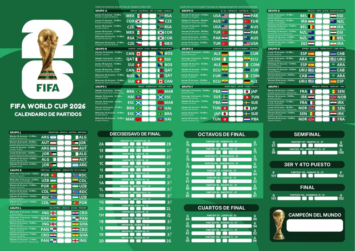 Calendario oficial de partidos FIFA World Cup 2026 con fechas, horarios y grupos.