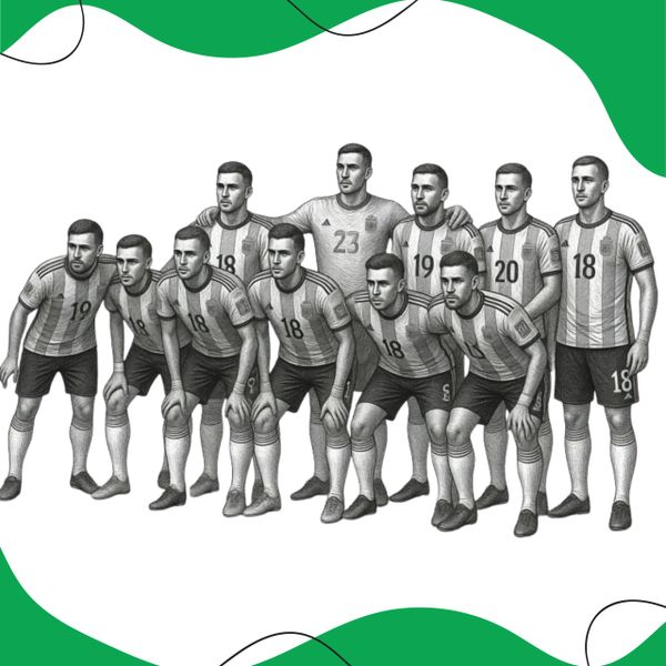 Black and white drawing of a soccer team in striped jerseys posing for a group photo.